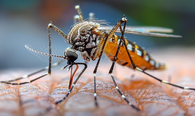 Un mosquito está mordiendo el brazo humano Un primer plano de un mosquito en la piel