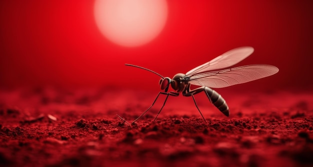 Mosquito en foco contra un fondo rojo borroso