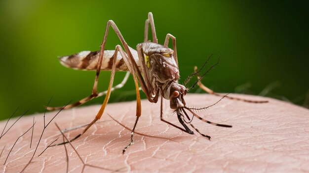 un mosquito en la mano de una persona con un fondo verde