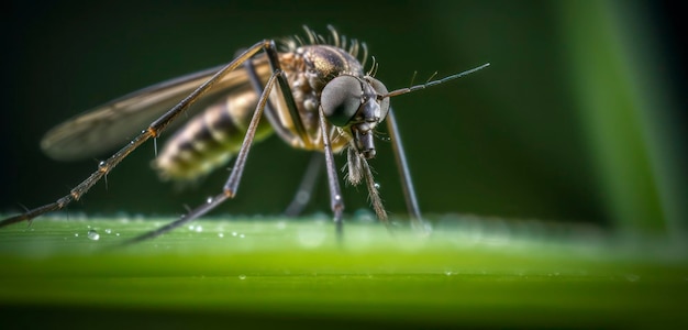 Un mosquito se sienta en una hoja en la oscuridad.