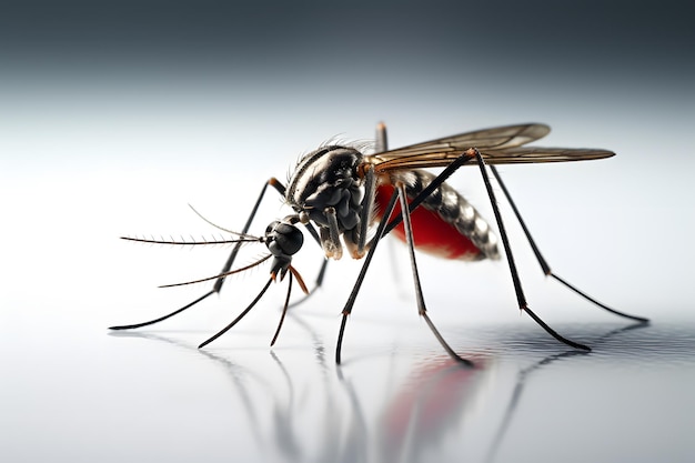 Mosquito en vuelo contra el fondo blanco.