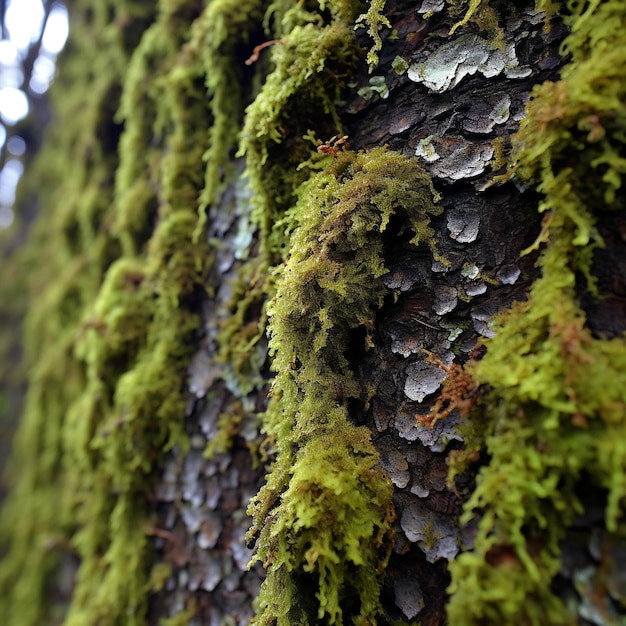 Moss na casca de uma árvore velha close-up