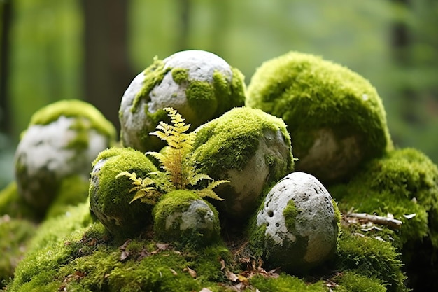 Foto mosso verde e samambaia crescendo em uma rocha em uma floresta