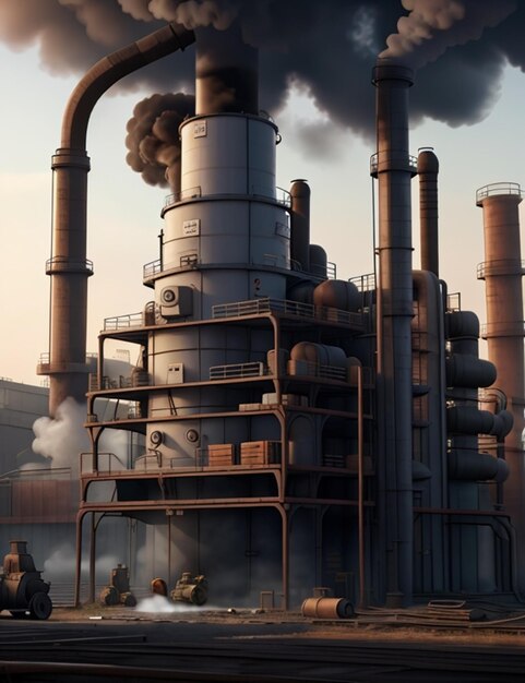 mostra uma grande fábrica ao fundo emitindo fumaça escura espessa de várias chaminés
