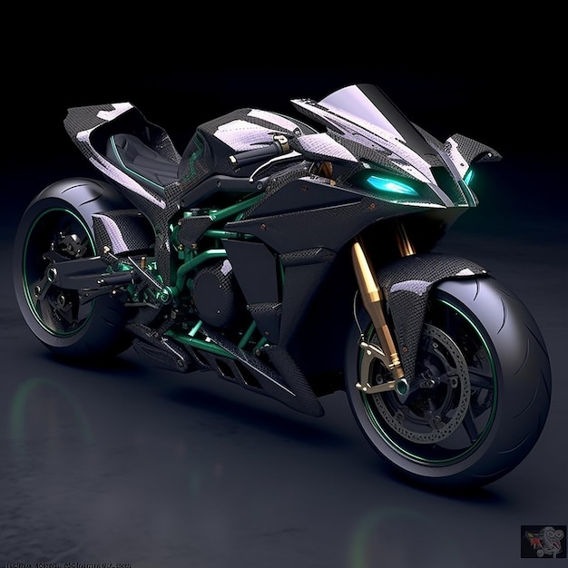 É mostrada uma motocicleta com uma luz verde na traseira.