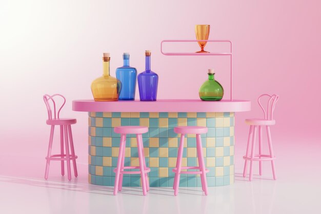 Un mostrador de bar colorido y elegante con taburetes y botellas