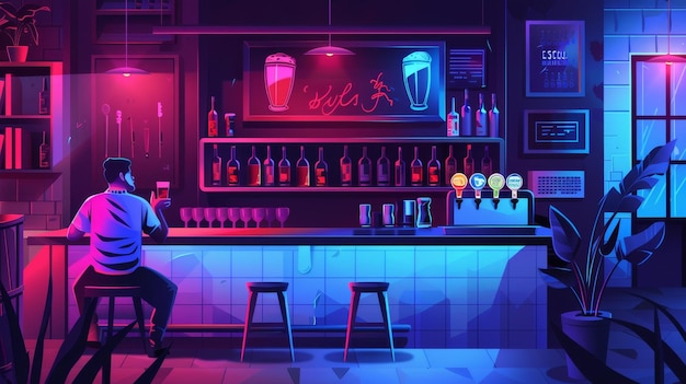 Foto el mostrador del bar es un fondo de ilustración moderna con taburetes cócteles de alcohol y un barista el cartel de neón está cerca de una bomba y un camarero masculino la escena se desarrolla en un club nocturno