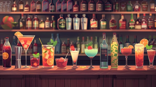 Un mostrador de bar lleno de una amplia variedad de bebidas alcohólicas y barware IA generativa