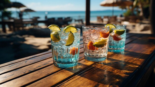 Foto el mostrador del bar en la playa las copas con cócteles están en la mesa