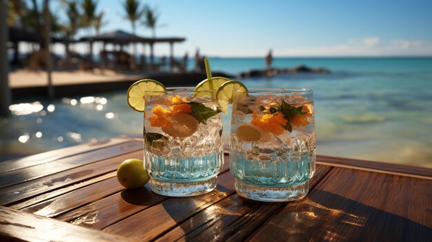 Foto el mostrador del bar en la playa las copas con cócteles están en la mesa