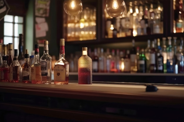 El mostrador de la barra del restaurante está fuera de foco con iluminación y luces borrosas