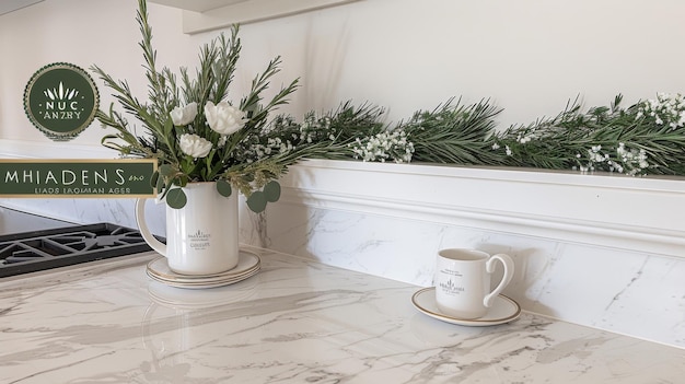 Un mostrador de cocina blanco y negro con una taza y un jarrón de flores