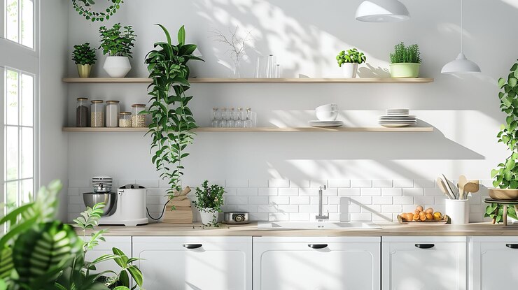 Un mostrador de cocina con un fregadero una planta en maceta y una botella de vino