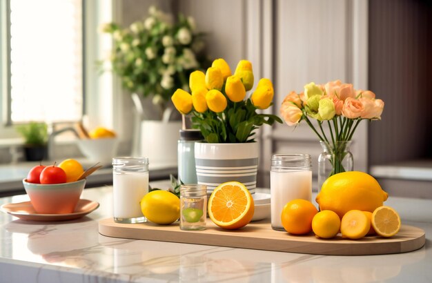 Mostrador de cocina con fruta y agua en el centro.