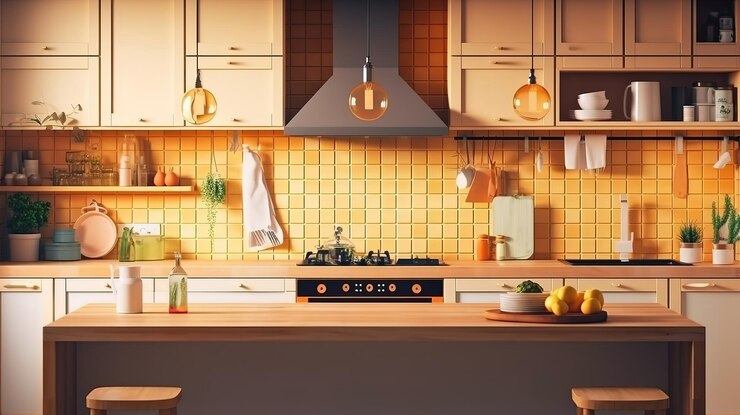 Mostrador de cocina de madera con decoración y diseño moderno Generative Ai