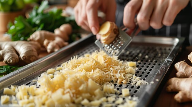 Foto el mostrador de la cocina con las manos rastrillando jengibre fresco para una receta