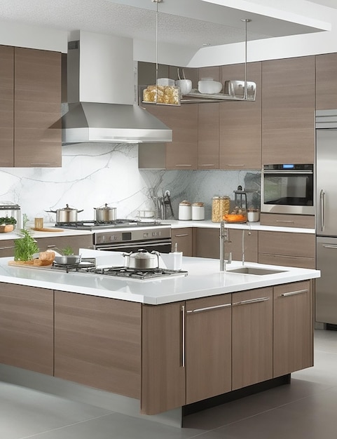 Mostrador de cocina moderno de renderizado 3d con diseño blanco y beige