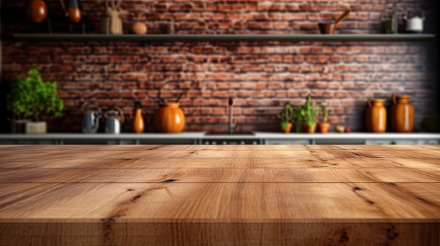 Un mostrador de cocina con una pared de ladrillos detrás