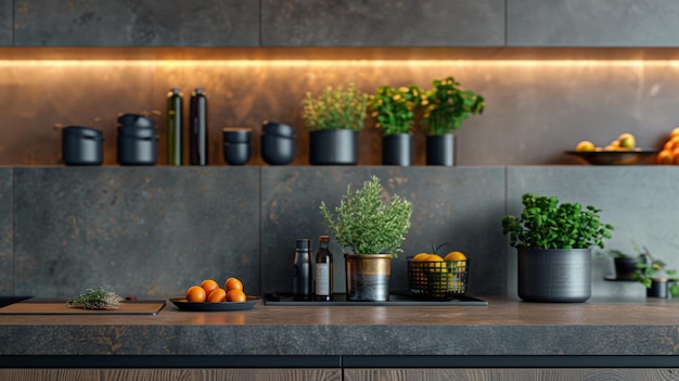 un mostrador de cocina con plantas y ollas en él