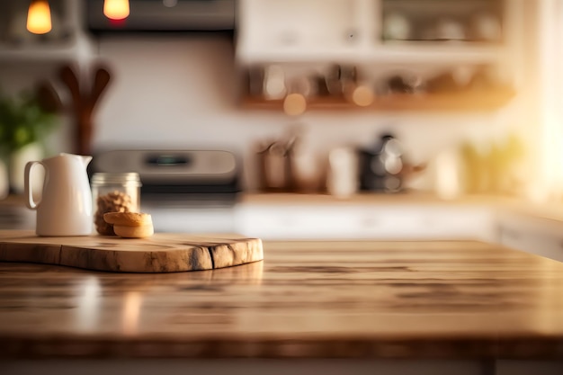 Un mostrador de cocina con un posavasos de madera encima.