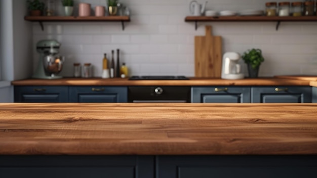 Un mostrador de cocina con una superficie de mesa de madera en un enfoque suave