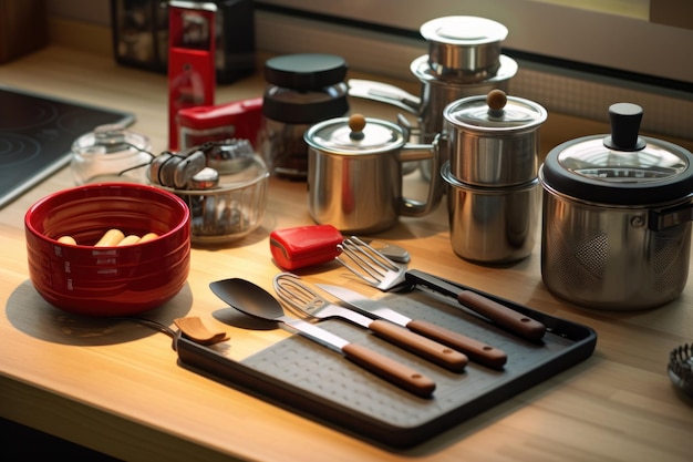 Un mostrador de cocina con un tazón rojo y un tazó rojo con un cuchillo en él.