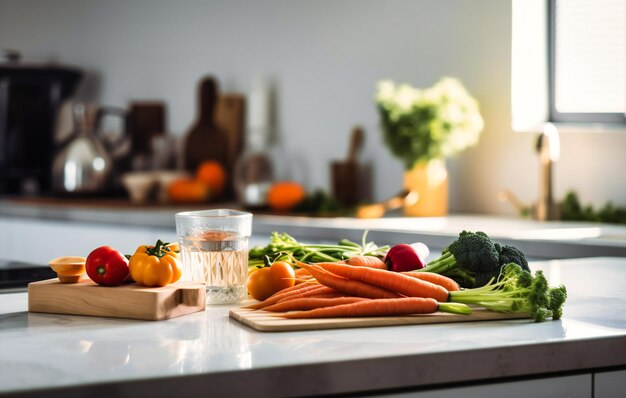 Un mostrador de cocina tiene verduras en él