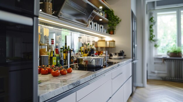 Un mostrador de cocina con tomates y otras verduras en él ai