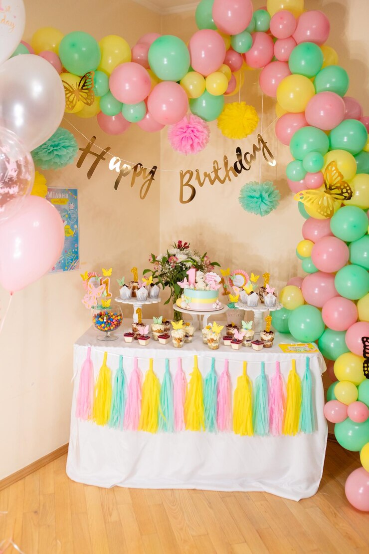 Foto mostrador dulce con pasteles y dulces espacio de copia de 1 año