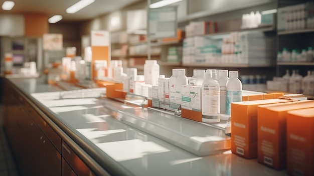 Un mostrador de farmacia con muchas botellas de medicina