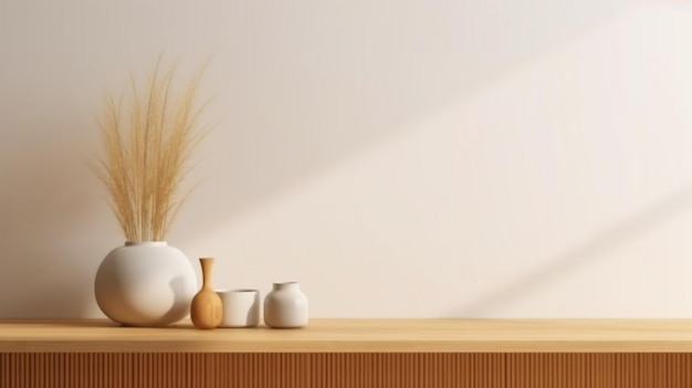 Foto con un mostrador de madera brillante una pared blanca cálida una planta de jarrón y un reloj este minimalista ia generativa