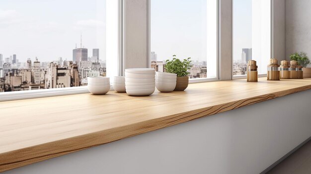 Mostrador de madera con un interior de cocina blanco y una mesa de madera IA generativa