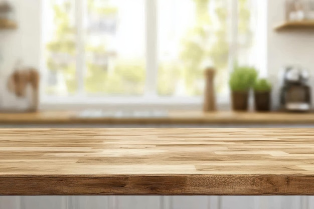 Un mostrador de madera vacío con un fondo borroso de una ventana de la cocina