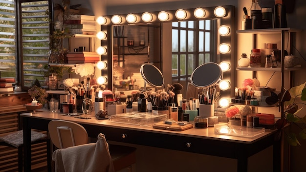 Mostrador de maquillaje con una amplia gama de pinceles y espejos cosméticos generados por IA