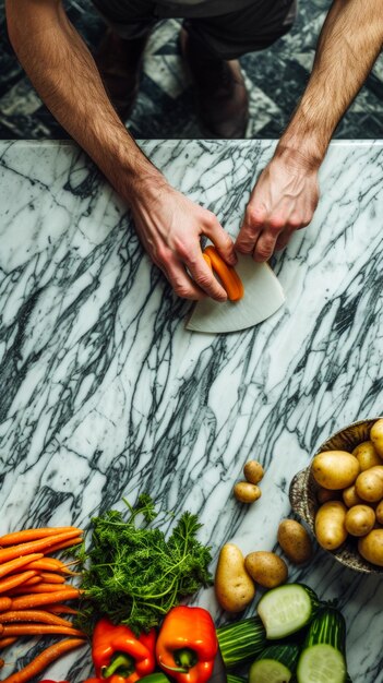 Foto un mostrador de mármol donde un cocinero está pelando verduras zanahorias patatas pepinos