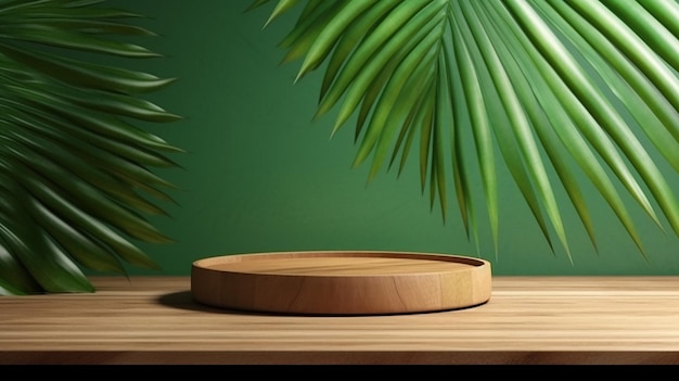 Mostrador de mesa de madera vacía con palmera tropical en la sombra de la hoja de la luz del sol moteada IA generativa