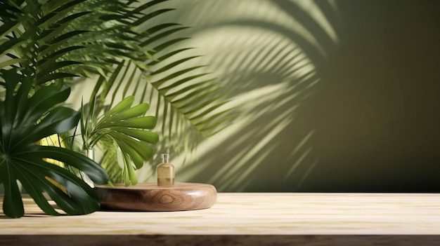 Mostrador de mesa de madera vacía con palmera tropical en la sombra de la hoja de la luz del sol moteada IA generativa