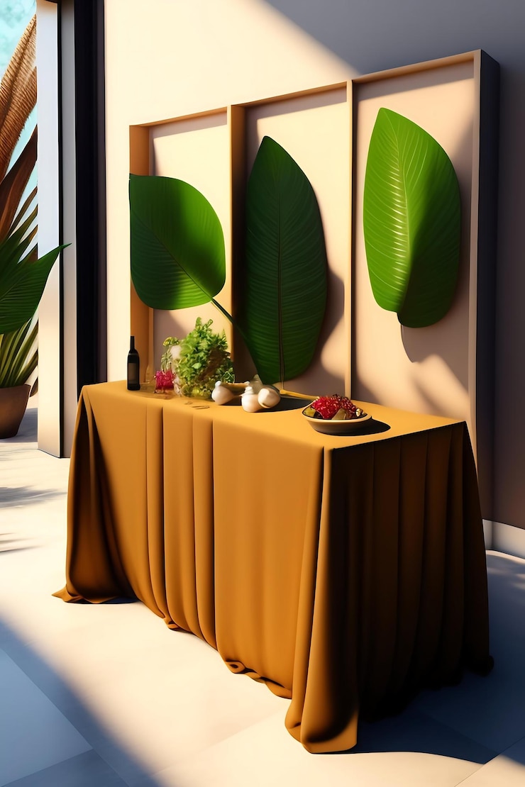 Foto mostrador de mesa con mantel de lino marrón beige drapeado bajo la luz del sol sombra de hojas tropicales en blanco whi