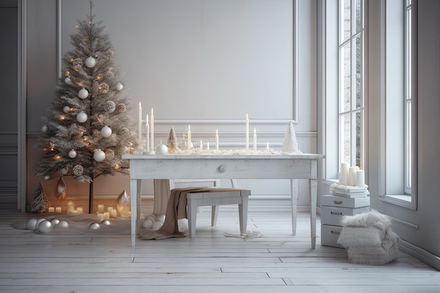 Un mostrador o mesa blanca decorada para Navidad