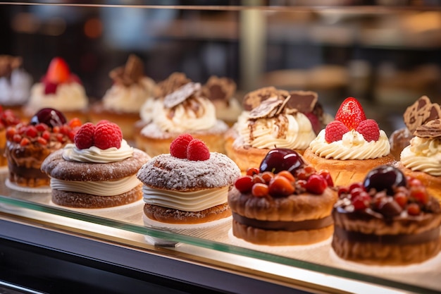 El mostrador de la panadería está lleno de rebanadas de pastel.