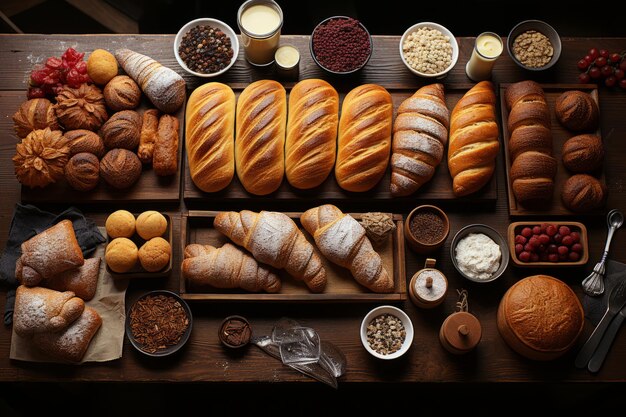 Foto un mostrador de panadería que muestra pasteles y pasteles de pan recién horneados ia generativa