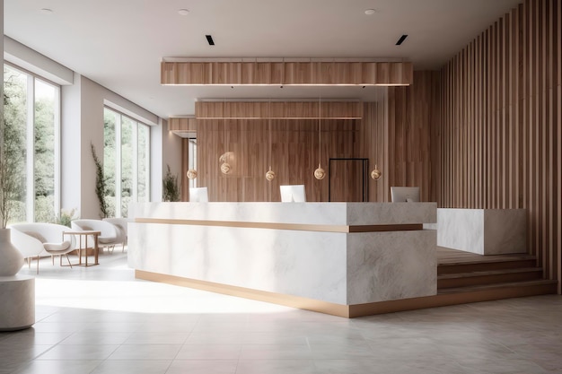 Mostrador de recepción de diseño contemporáneo Vestíbulo elegante con interior moderno en blanco y madera