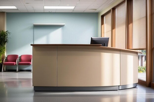 El mostrador de recepción del hospital vacío en el pasillo y los asientos de la sala de espera