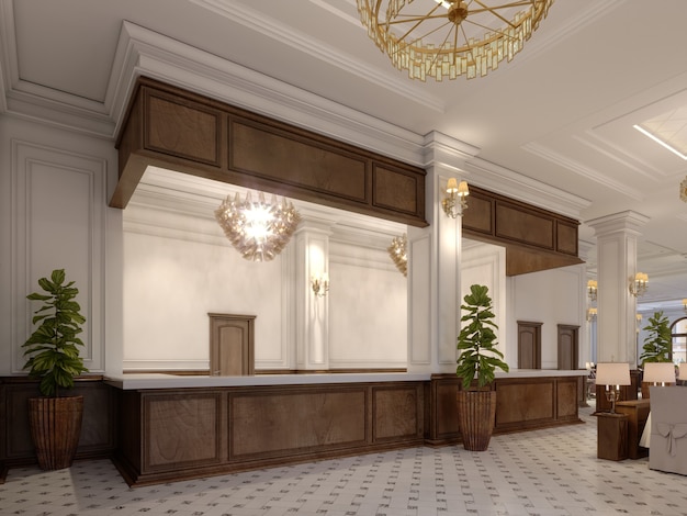 Mostrador de recepción de madera maciza en el elegante interior de un hotel de lujo. Representación 3d