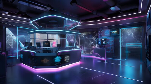 Mostrador de recepción de registro futurista gimnasio virtual metaverso pantallas holográficas avanzadas 3D estética futurista Generativo ai