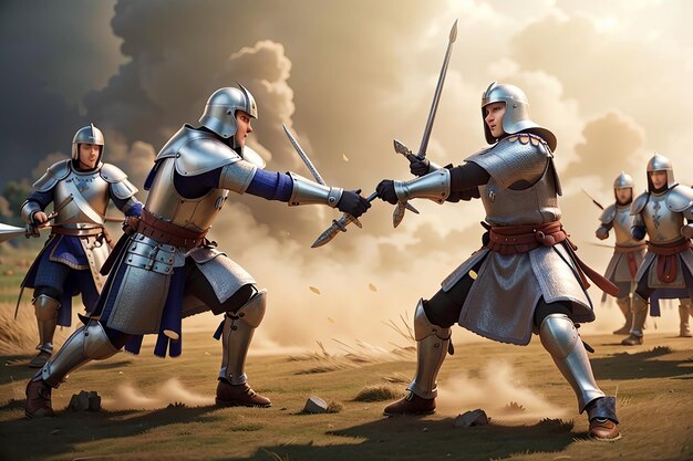 mostram cavaleiros poloneses e cavaleiros teutônicos lutando uns contra os outros e chocando espadas em um campo aberto