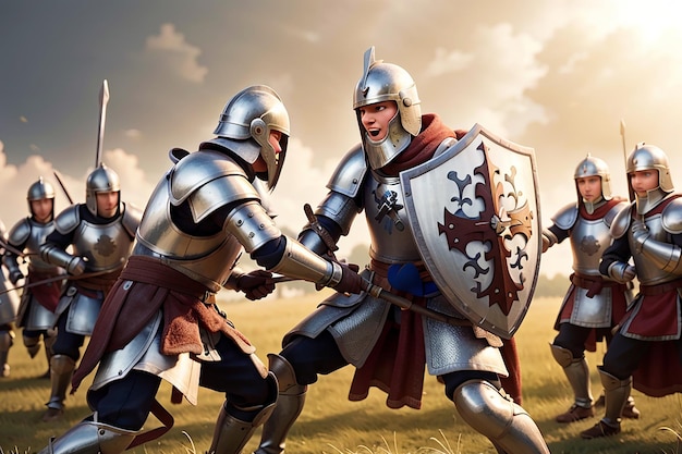 mostram cavaleiros poloneses e cavaleiros teutônicos lutando uns contra os outros e chocando espadas em um campo aberto