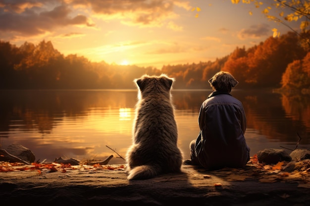 mostrando una mascota sentada junto a un lago tranquilo con un telón de fondo de vibrante follaje otoñal IA generativa
