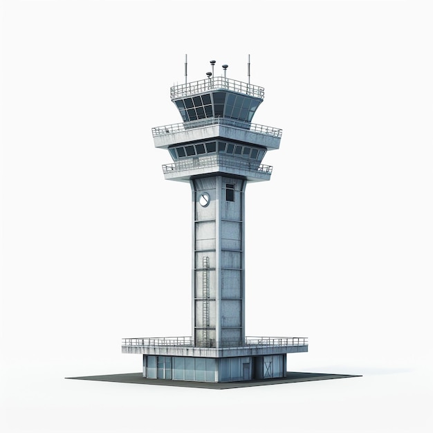 Foto mostrando una miniatura 3d de la torre de control de tráfico aéreo en un fondo blanco