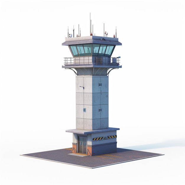 Foto mostrando una miniatura 3d de la torre de control de tráfico aéreo en un fondo blanco